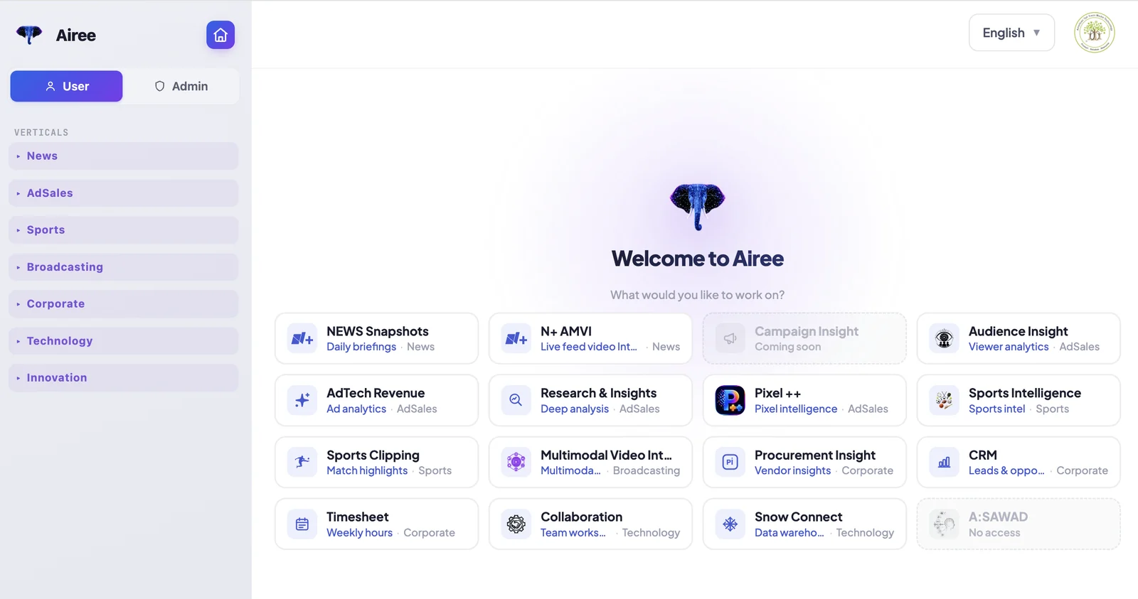 The Airee dashboard: vertical navigation on the left and solution cards for every capability