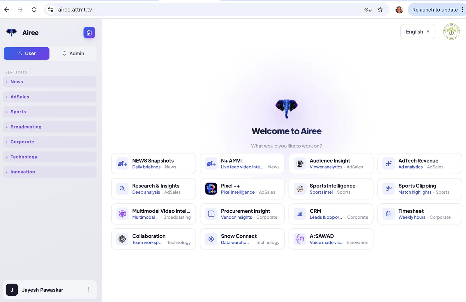 The Airee dashboard: vertical navigation on the left and solution cards for every capability